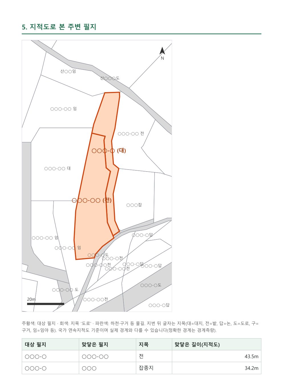 공법 확인 보고서 견본 - 지적도 주변 필지와 도로 맞닿음